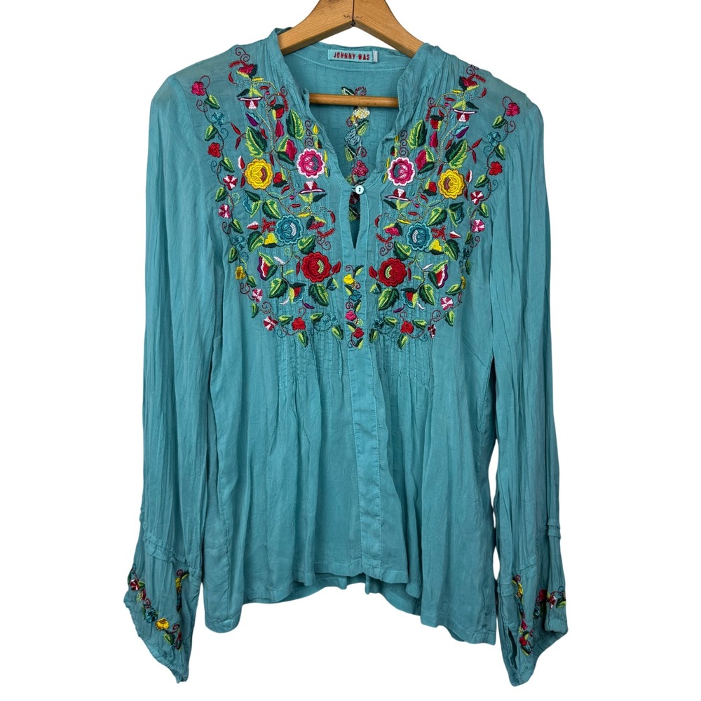 Johnny Was Embroidered Turquoise Blue Cupra Rayon Boho Floral Blouse XS